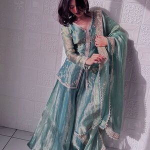 Very gorgeous two tone Green Traditional sharara style dress in fandy fabric